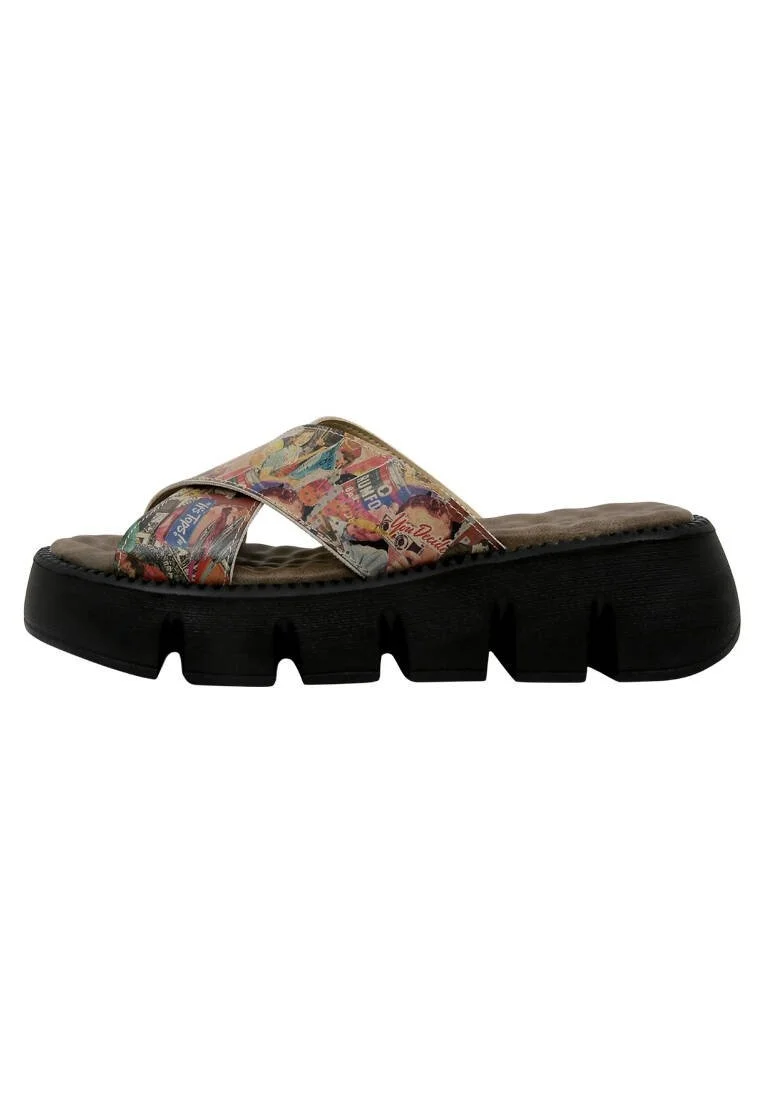 Women Vegan Leather Multicolor Wedge Slippers - Collage Design