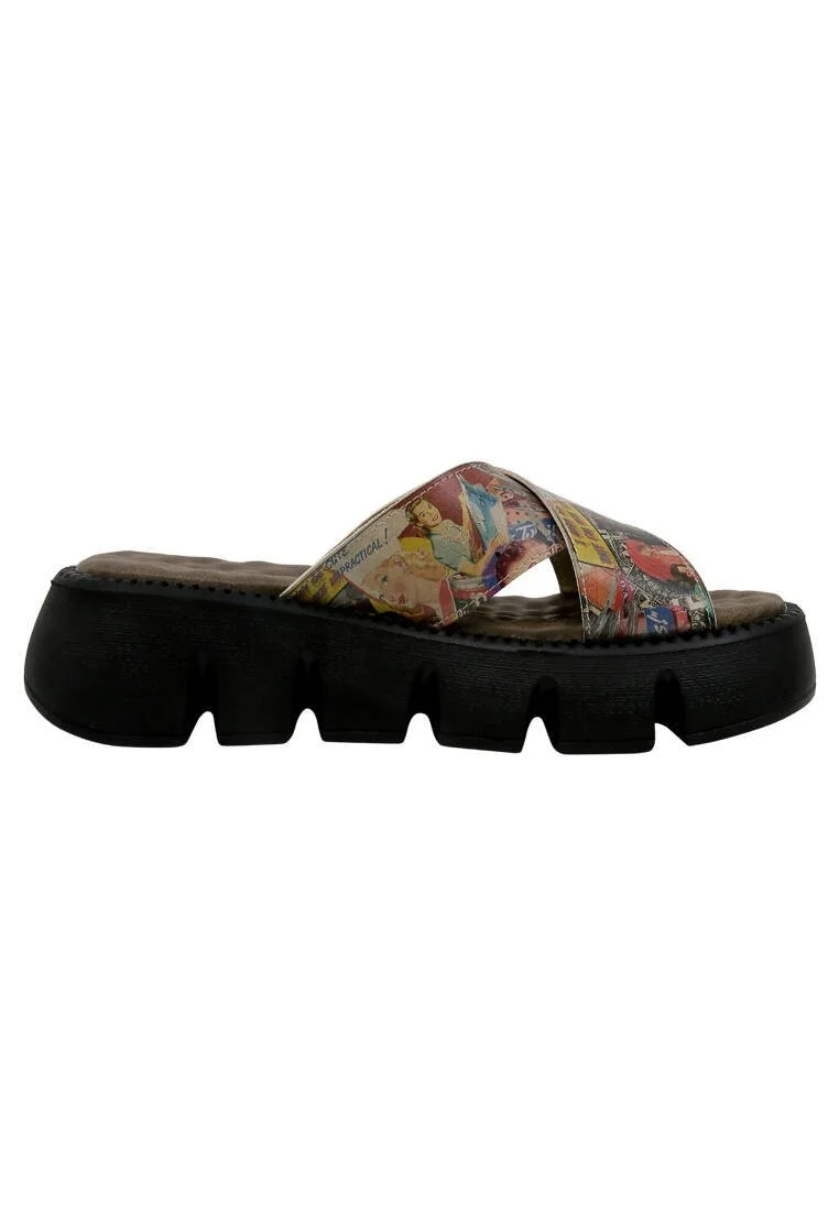 Women Vegan Leather Multicolor Wedge Slippers - Collage Design