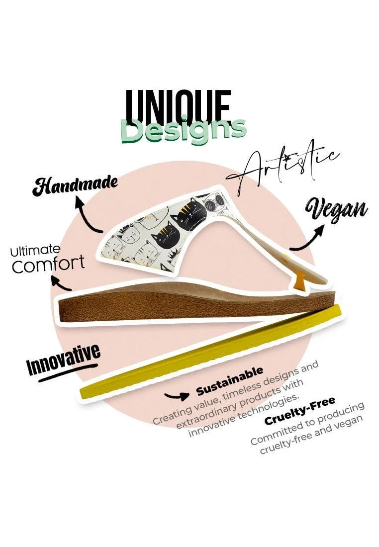 Women Vegan Leather White Slippers - Monochrome Cats Design