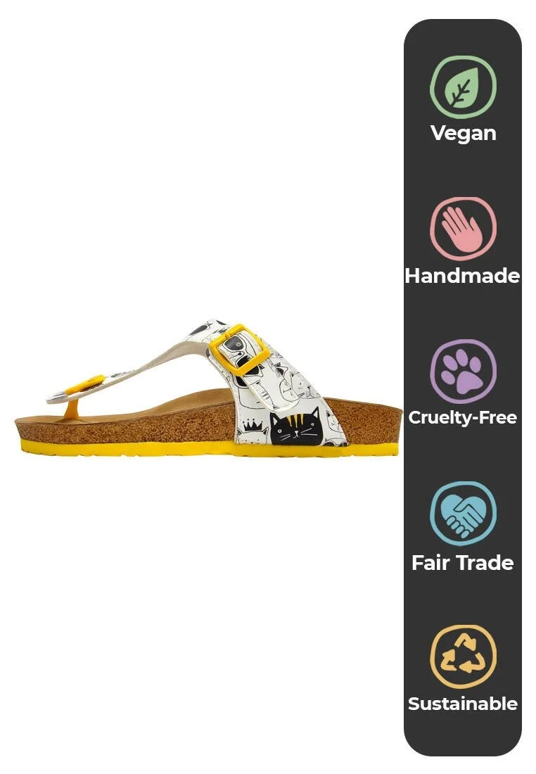 Women Vegan Leather White Slippers - Monochrome Cats Design