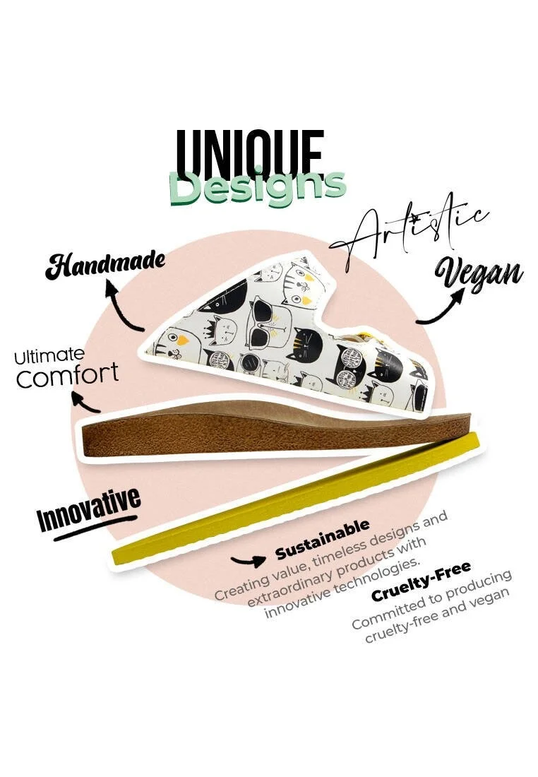 Women Vegan Leather White Slippers - Monochrome Cats Design