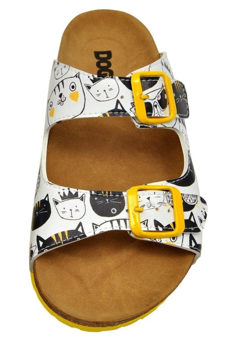 Women Vegan Leather White Slippers - Monochrome Cats Design