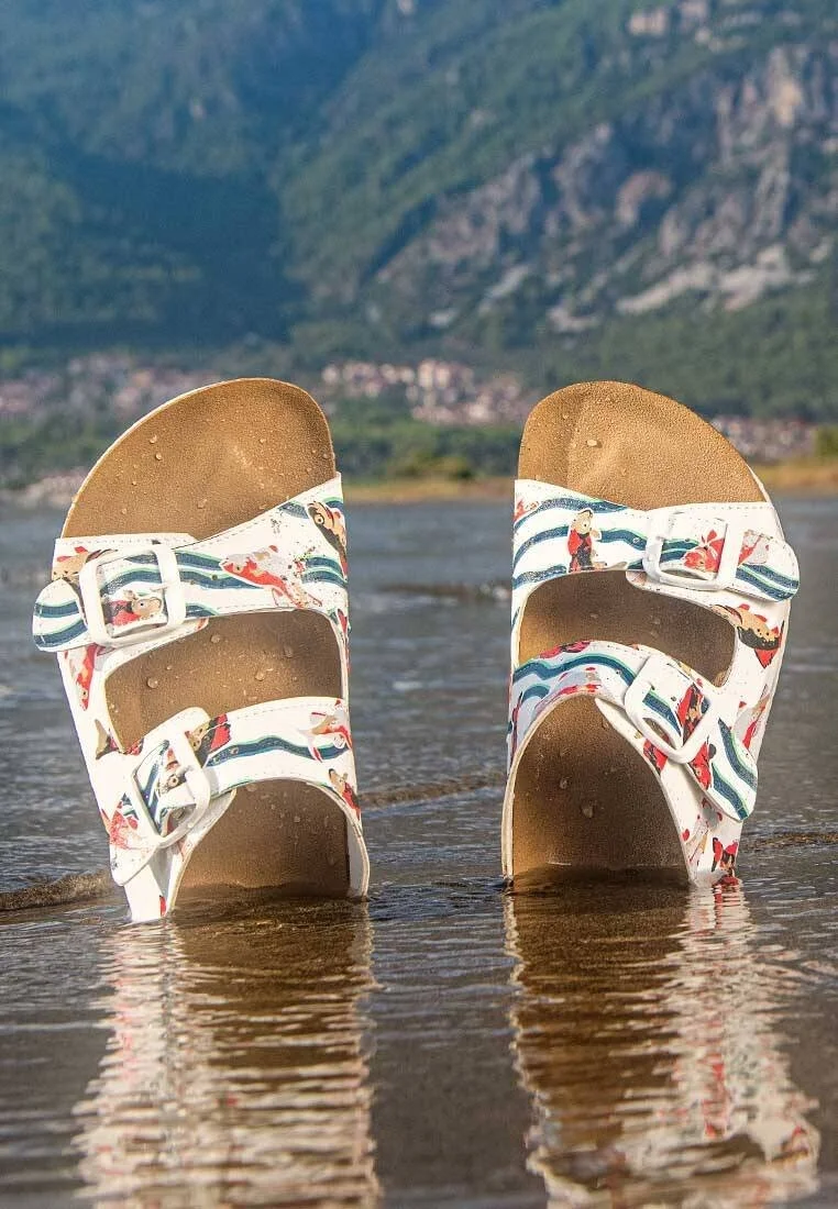 Women Vegan Leather White Slippers - Koi World Design