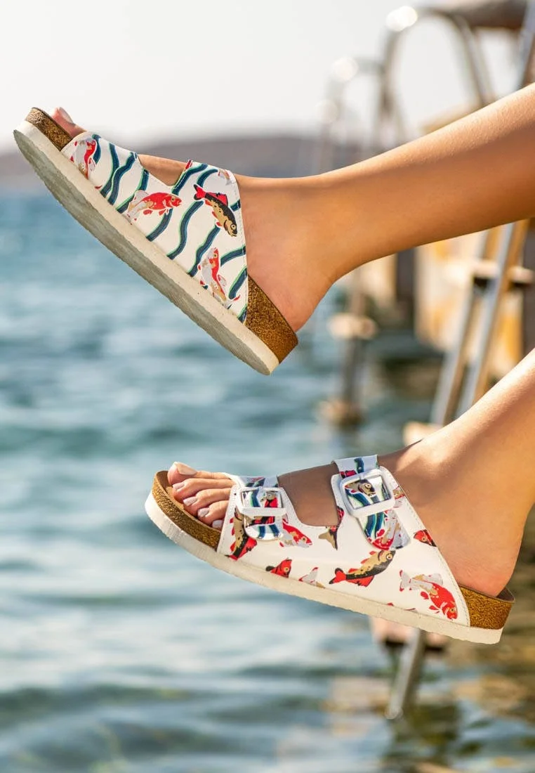 Women Vegan Leather White Slippers - Koi World Design