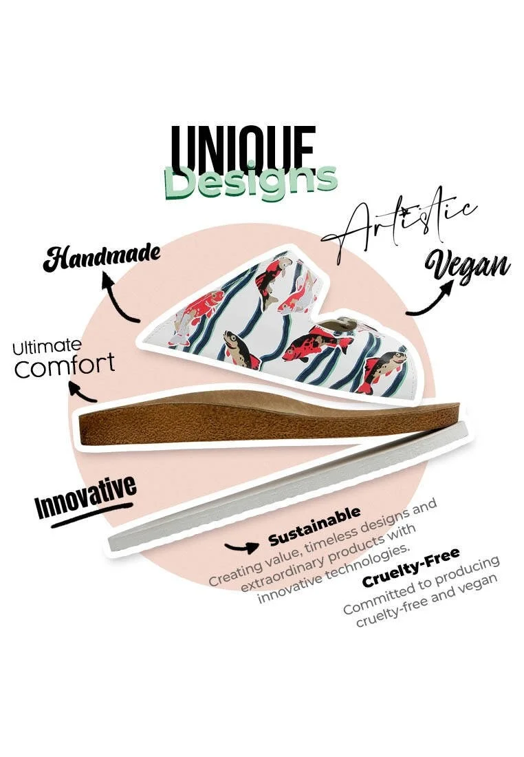 Women Vegan Leather White Slippers - Koi World Design