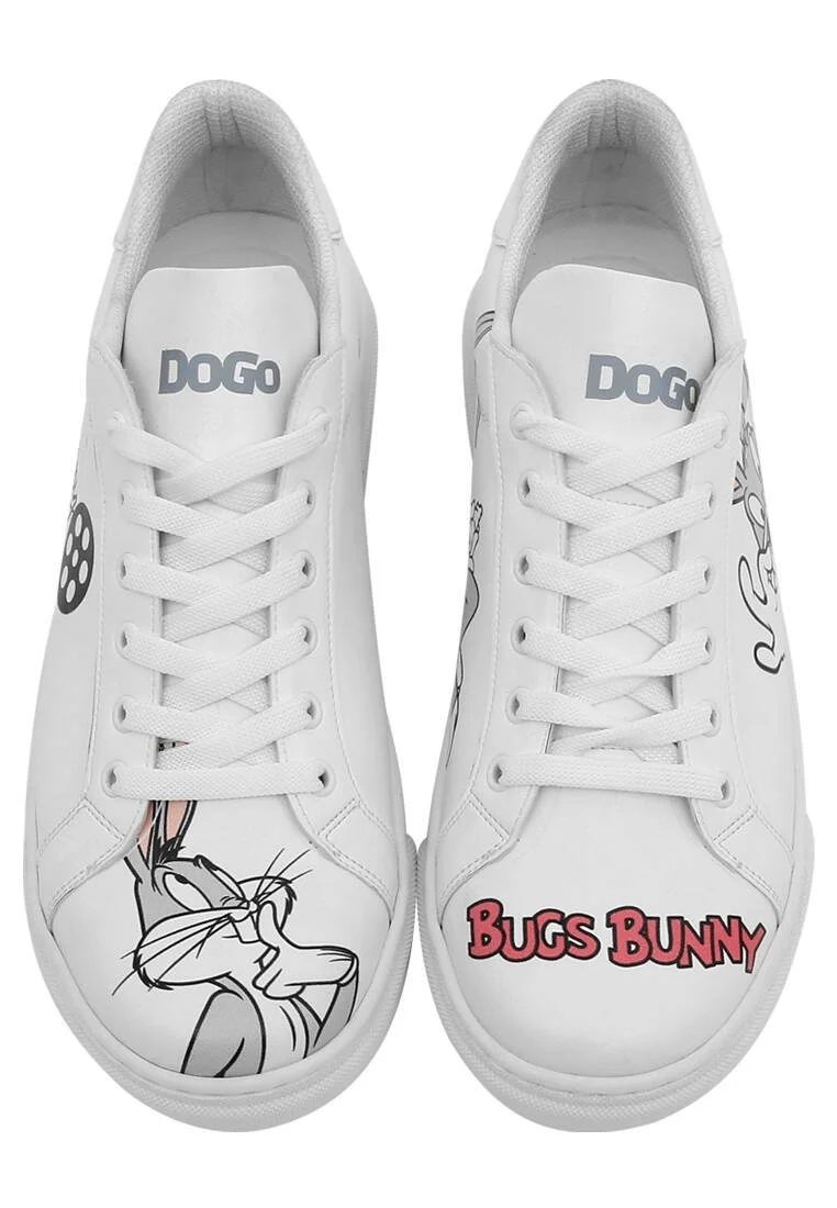 Women Vegan Leather White Sneakers - What's Up Doc? Bugs Bunny Design