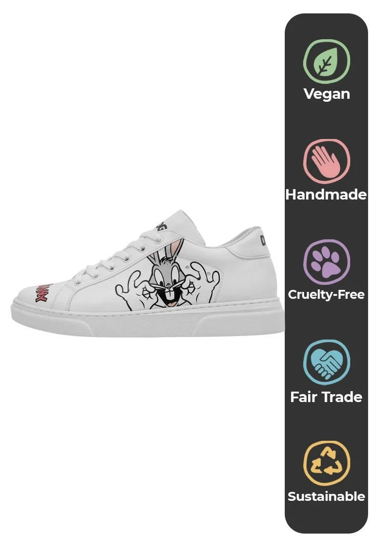 Women Vegan Leather White Sneakers - What's Up Doc? Bugs Bunny Design