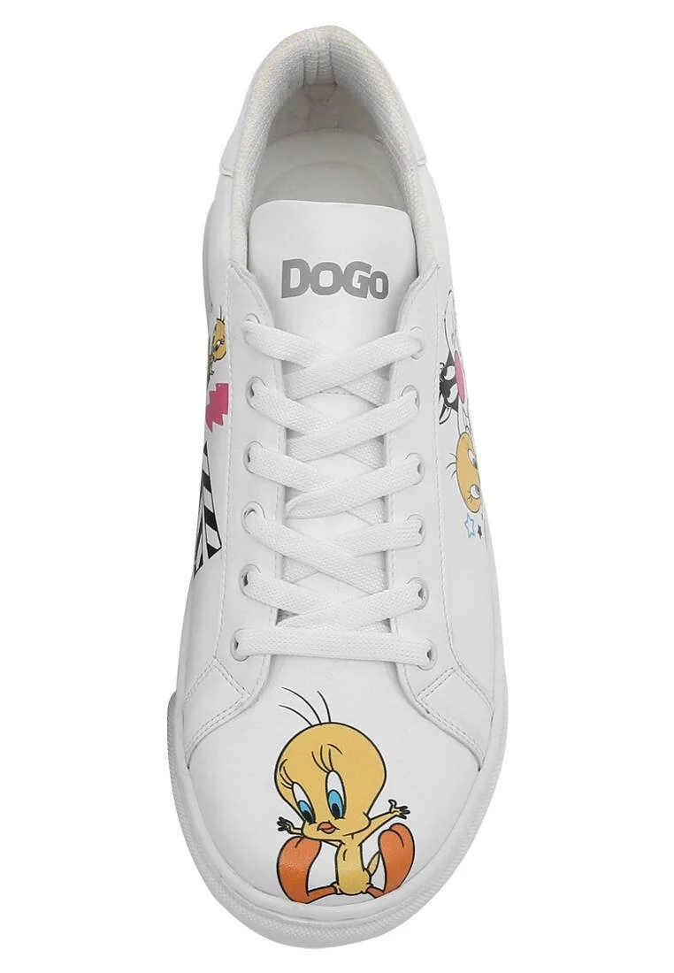 Women Vegan Leather White Sneakers - Best of Tweety and Sylvester Design