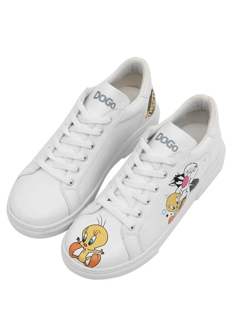 Women Vegan Leather White Sneakers - Best of Tweety and Sylvester Design