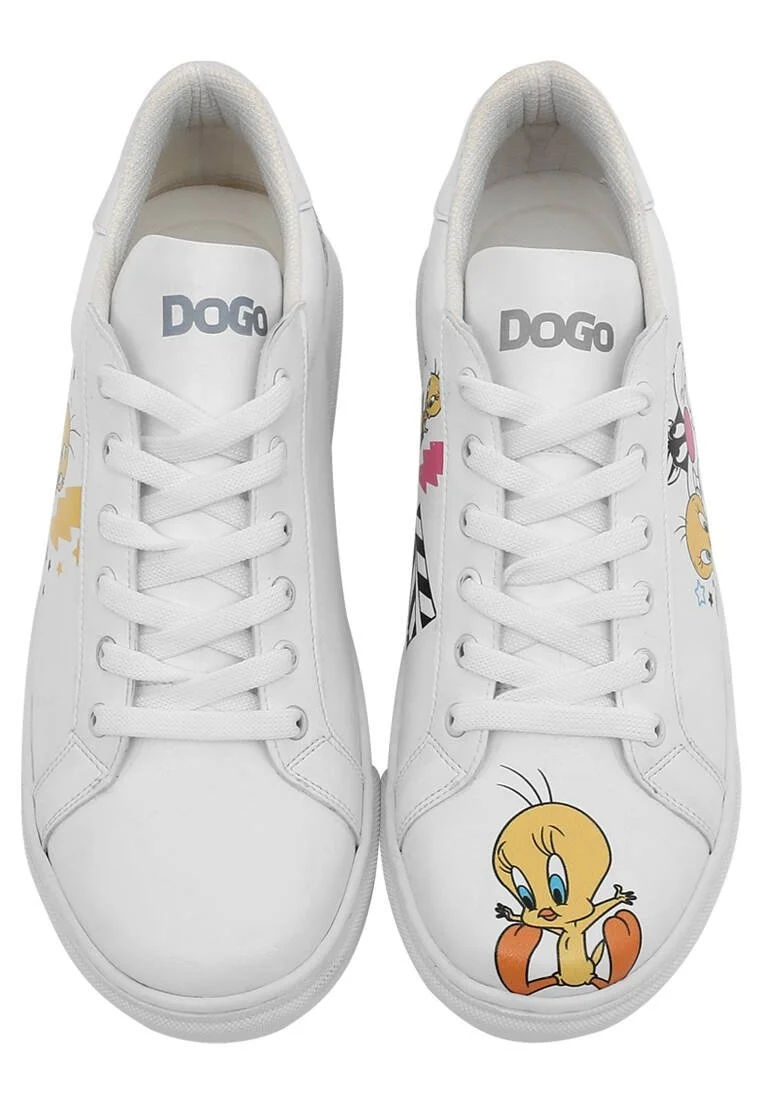 Women Vegan Leather White Sneakers - Best of Tweety and Sylvester Design