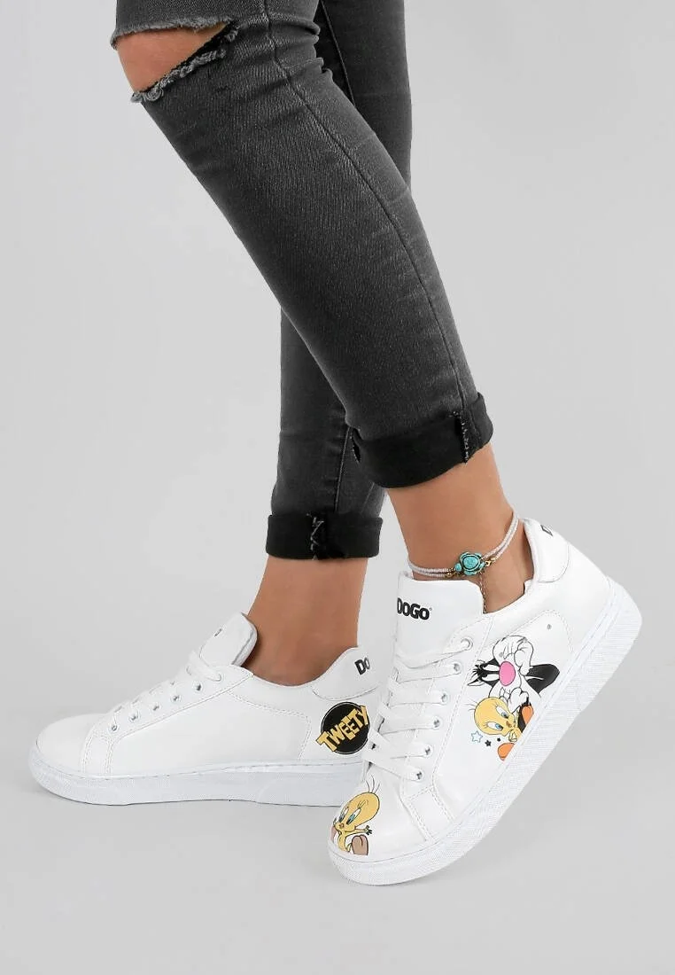 Women Vegan Leather White Sneakers - Best of Tweety and Sylvester Design