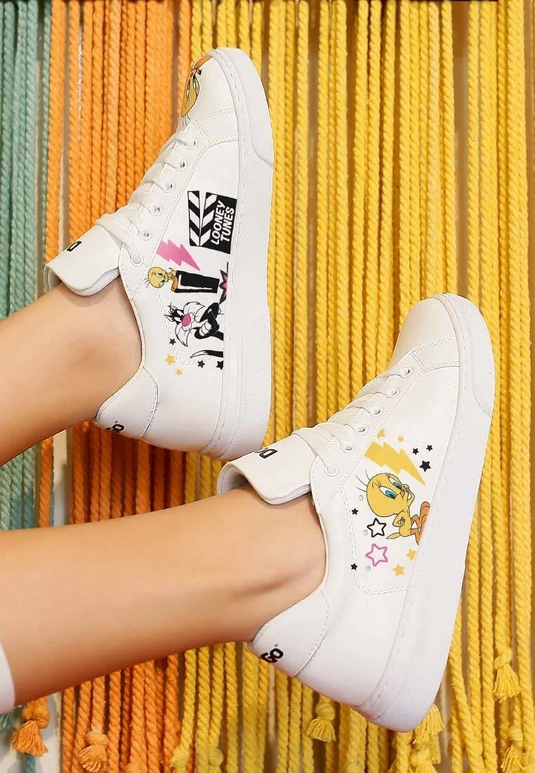 Women Vegan Leather White Sneakers - Best of Tweety and Sylvester Design