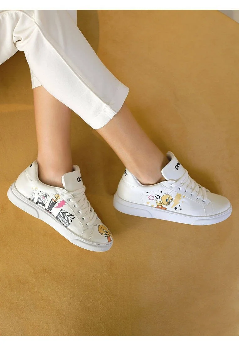 Women Vegan Leather White Sneakers - Best of Tweety and Sylvester Design