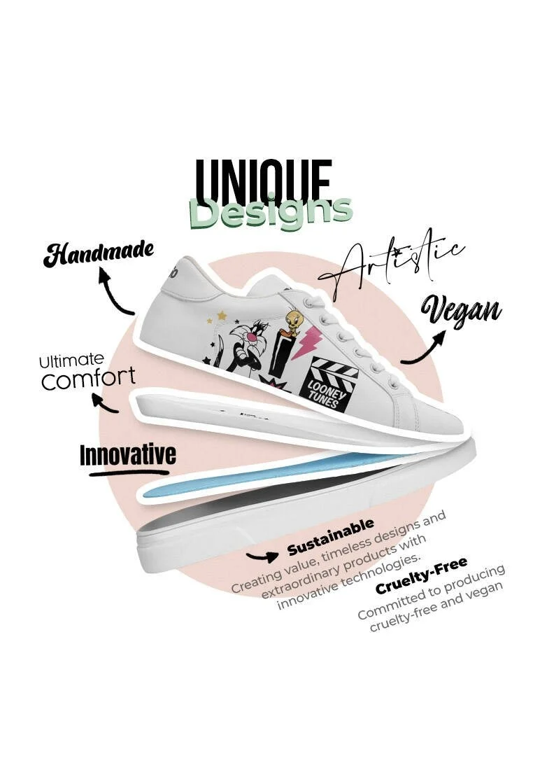Women Vegan Leather White Sneakers - Best of Tweety and Sylvester Design