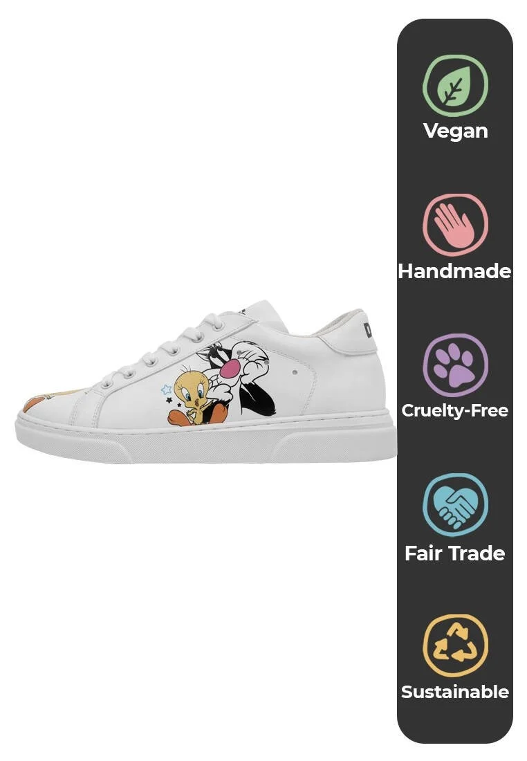 Women Vegan Leather White Sneakers - Best of Tweety and Sylvester Design