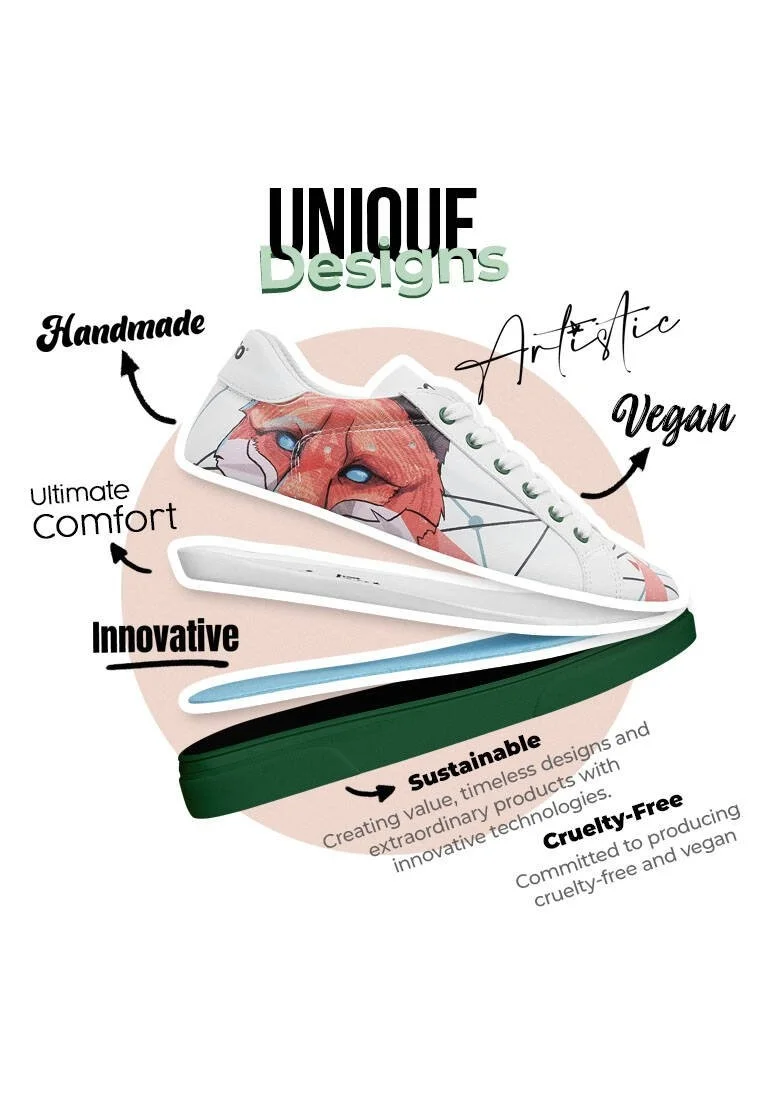 Women Vegan Leather White Sneakers - Red Fox Design