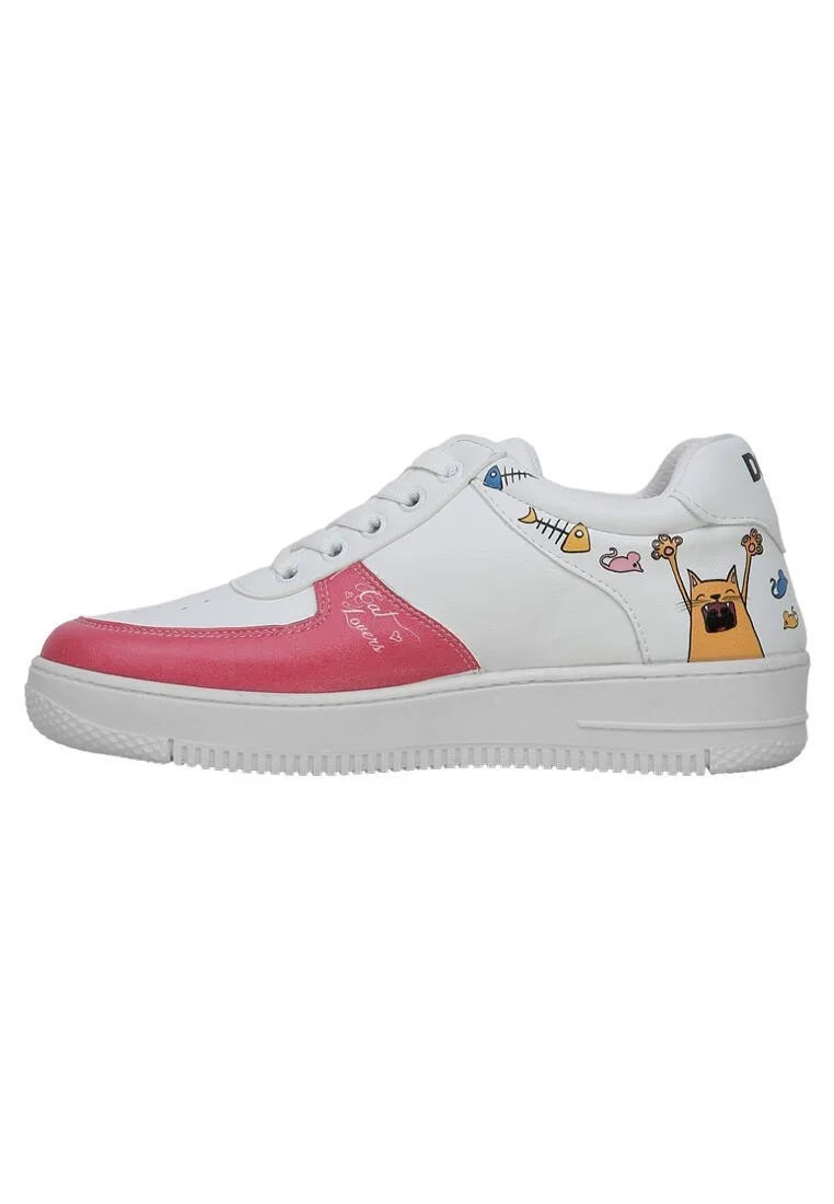 Women Vegan Leather White Sneakers - Cat Lovers Design