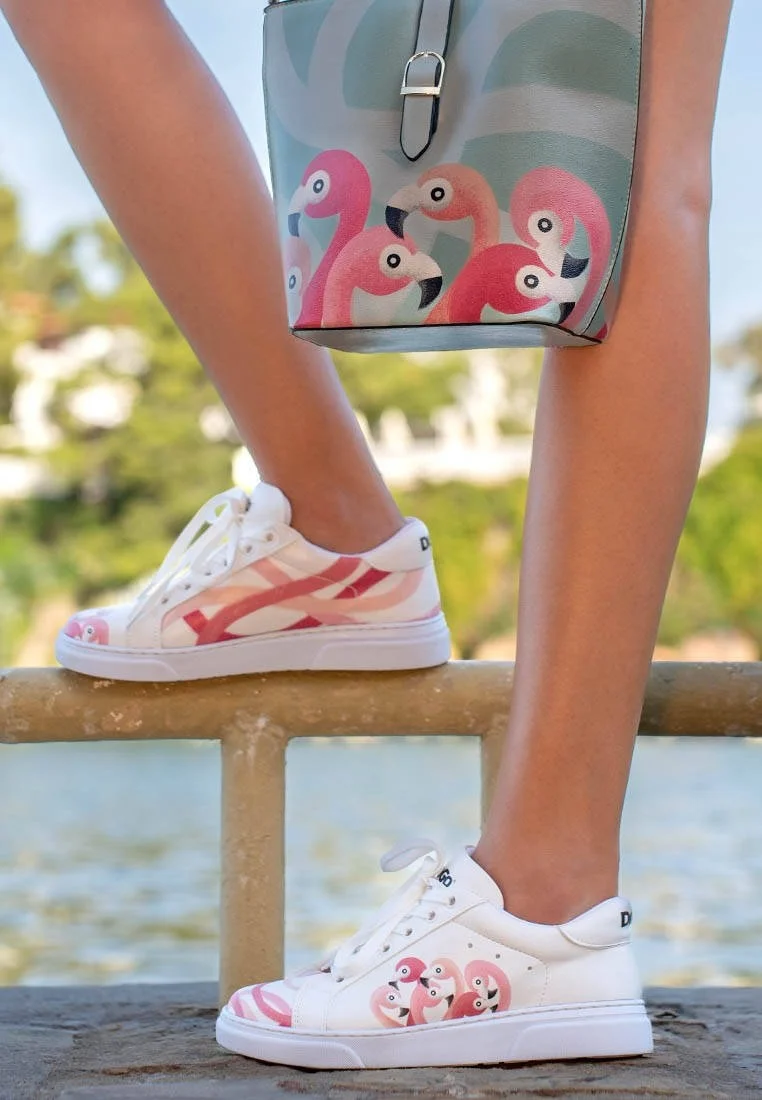 Women Vegan Leather White Sneakers - Pink Paradise Design
