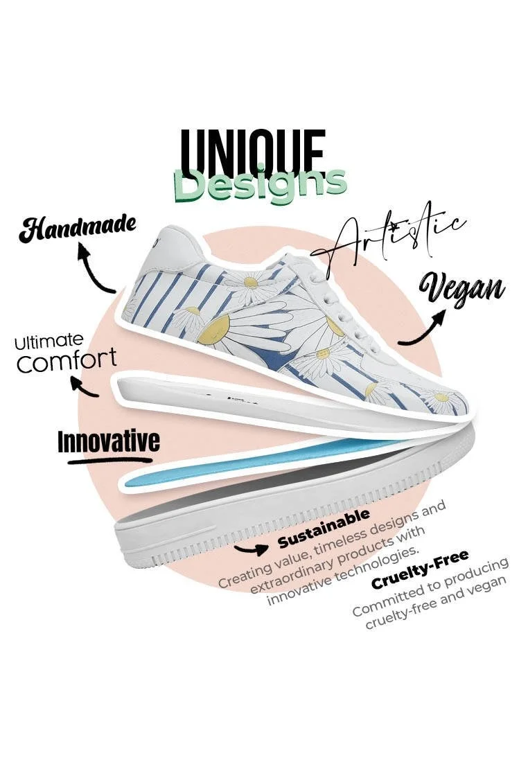 Women Vegan Leather White Sneakers - Daisy Stripes Design