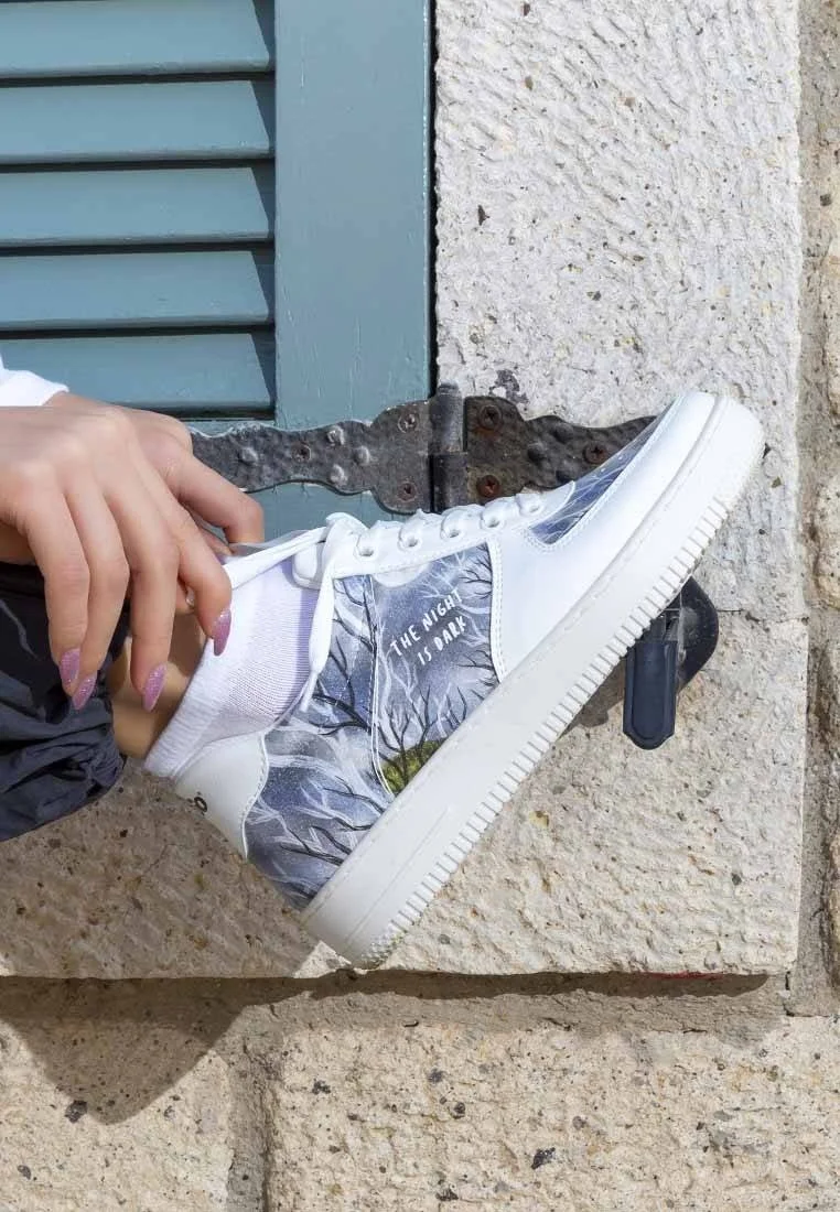 Women Vegan Leather White Sneakers - The Night is Dark Design