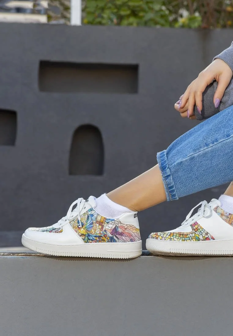 Women Vegan Leather White Sneakers - Mosaical Design