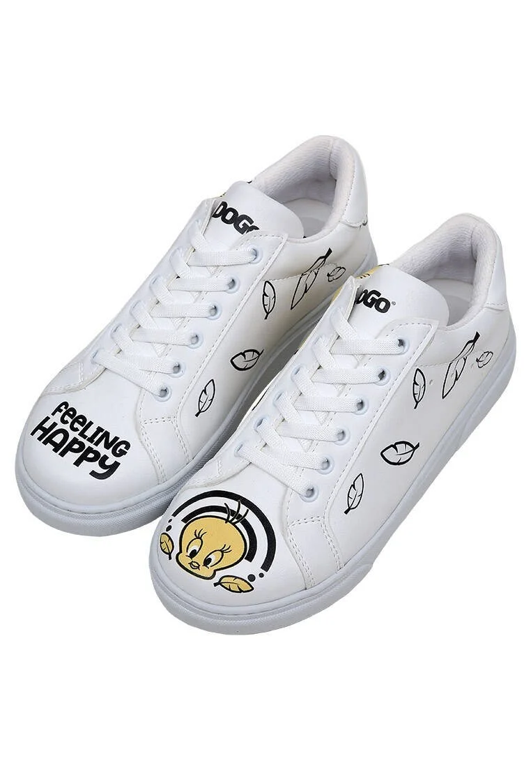 Women Vegan Leather White Sneakers - Warner Bros Tweety Feeling Happy Design