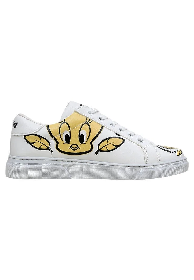 Women Vegan Leather White Sneakers - Warner Bros Tweety Feeling Happy Design