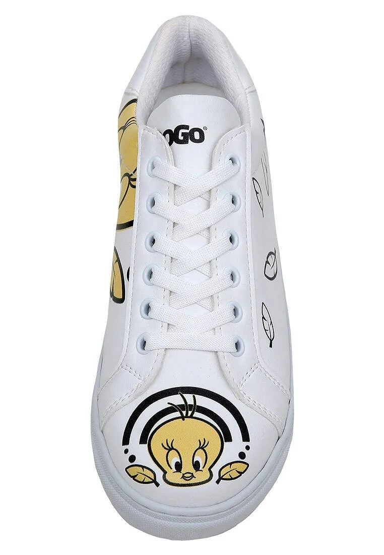 Women Vegan Leather White Sneakers - Warner Bros Tweety Feeling Happy Design