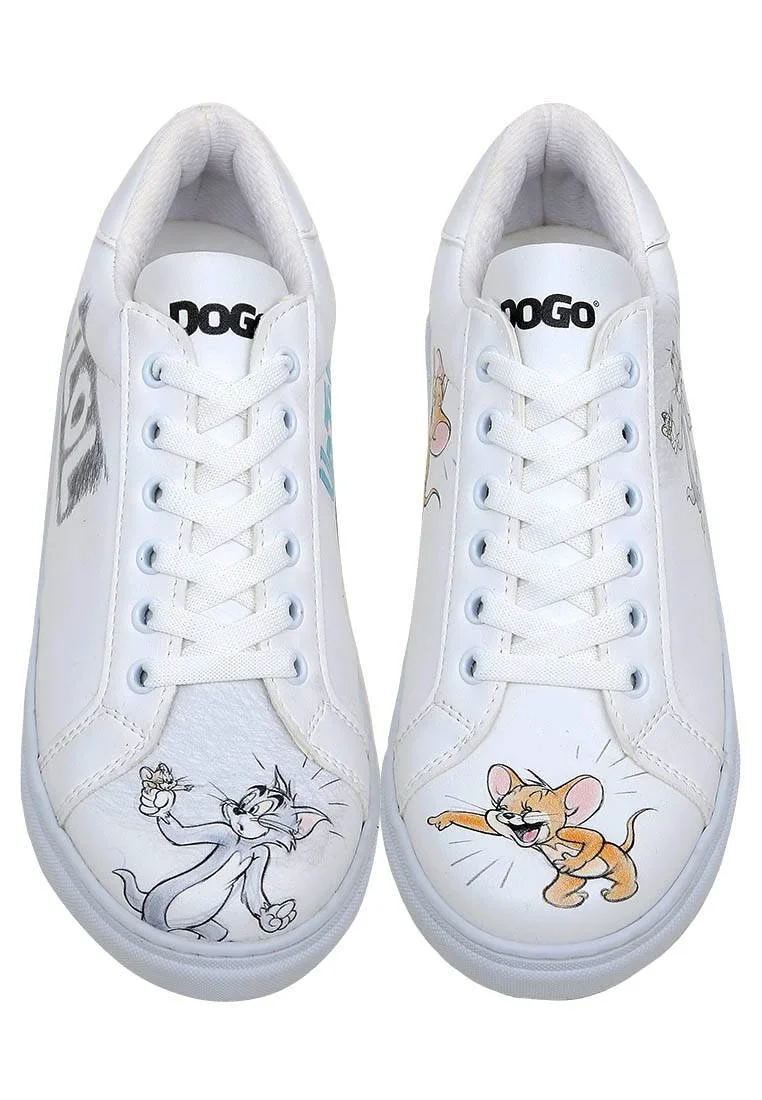 Women Vegan Leather White Sneakers - Warner Bros Tom and Jerry Up to No Good Design