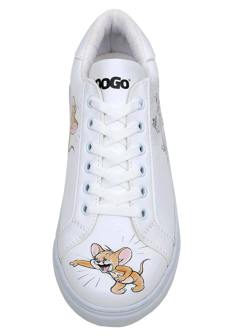 Women Vegan Leather White Sneakers - Warner Bros Tom and Jerry Up to No Good Design
