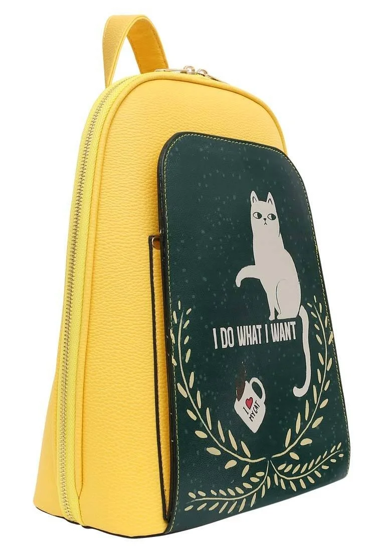 Women Vegan Leather Yellow Backpack - I Do What I Want Design