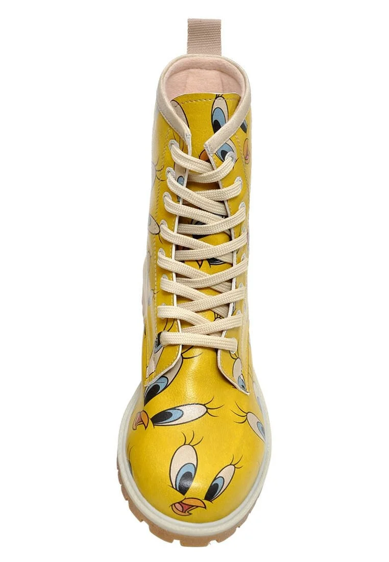 Women Vegan Leather Yellow Long Boots - Warner Bros Tweety in Yellow Design