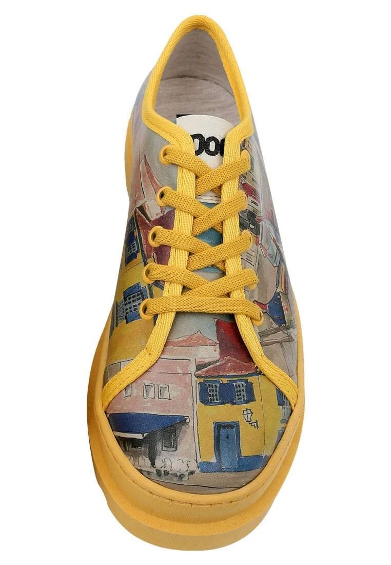 Women Vegan Leather Yellow Sneakers - Sunsets and Silhouettes Design