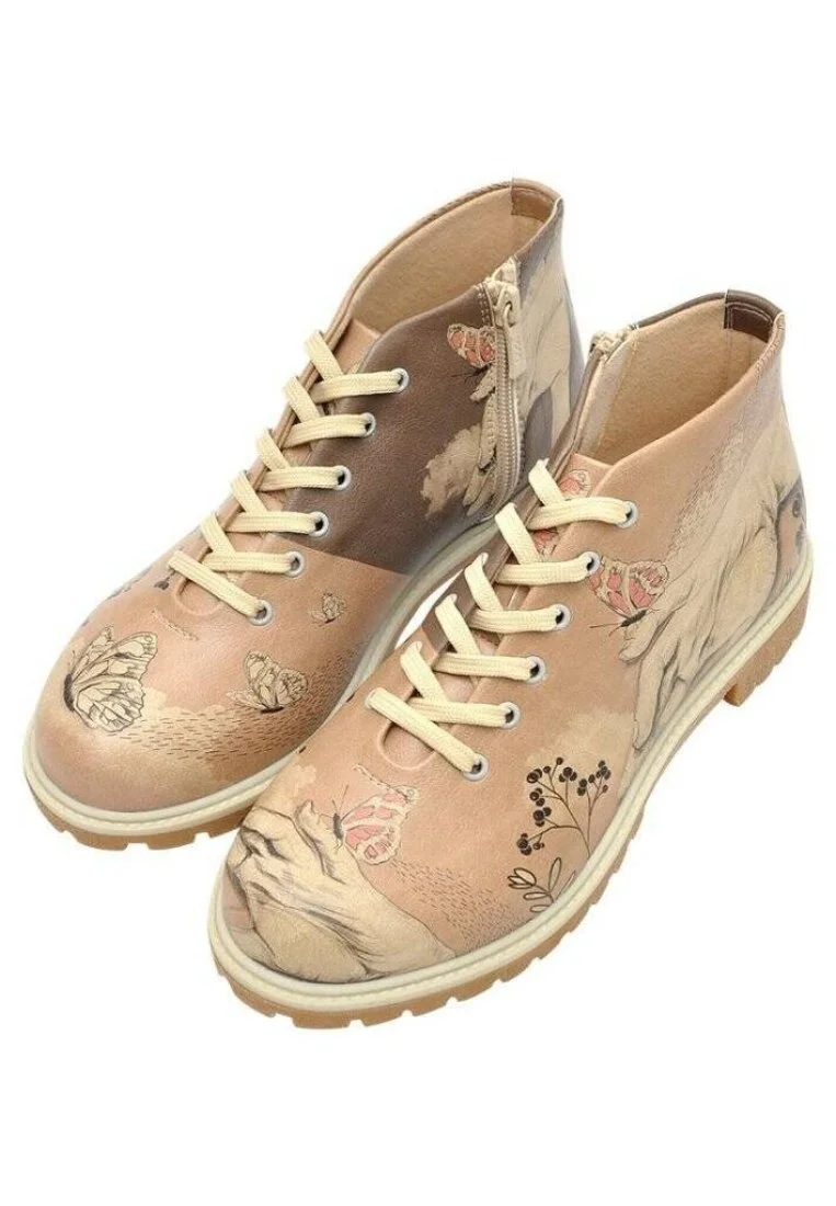 Women Vegan Leather Brown Zipper Ankle Boots - Lady Butterfly Design