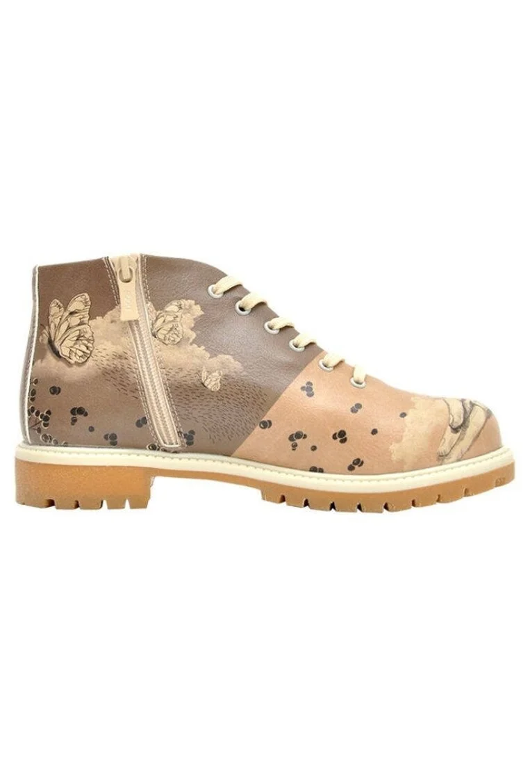 Women Vegan Leather Brown Zipper Ankle Boots - Lady Butterfly Design