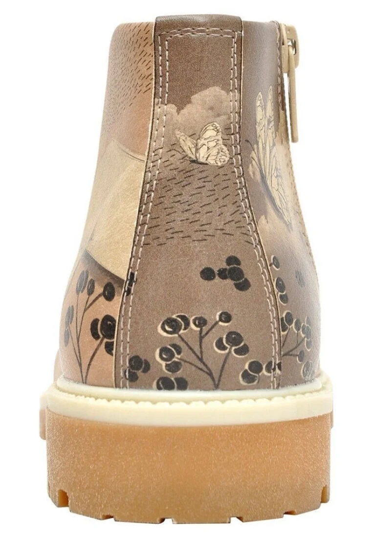 Women Vegan Leather Brown Zipper Ankle Boots - Lady Butterfly Design
