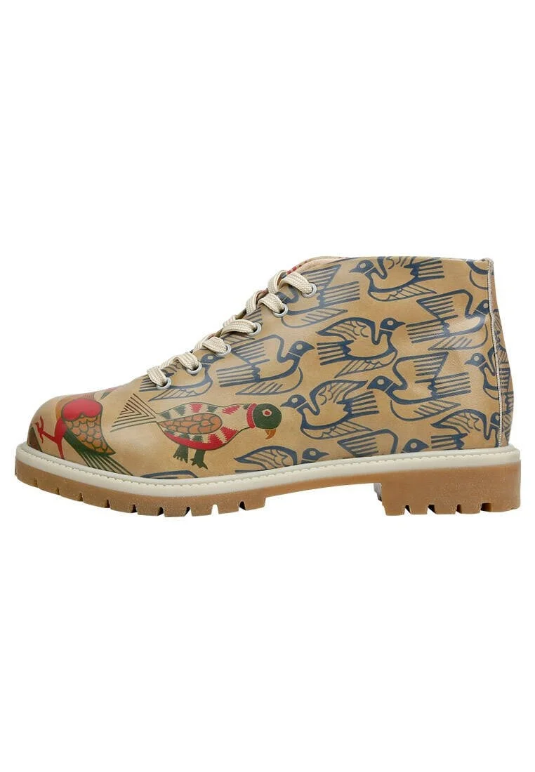 Women Vegan Leather Beige Zipper Ankle Boots - Love Birds Design