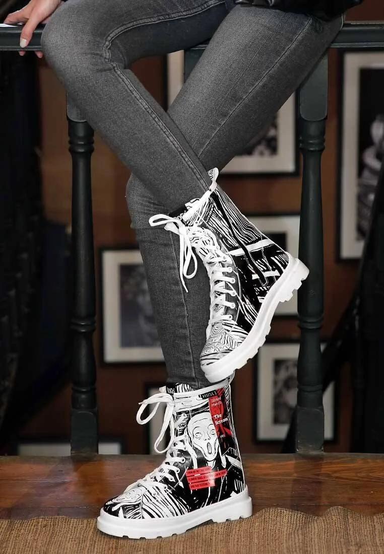 Women Vegan Leather Black Zipper Long Boots - Edvard Munch The Scream Muse Design