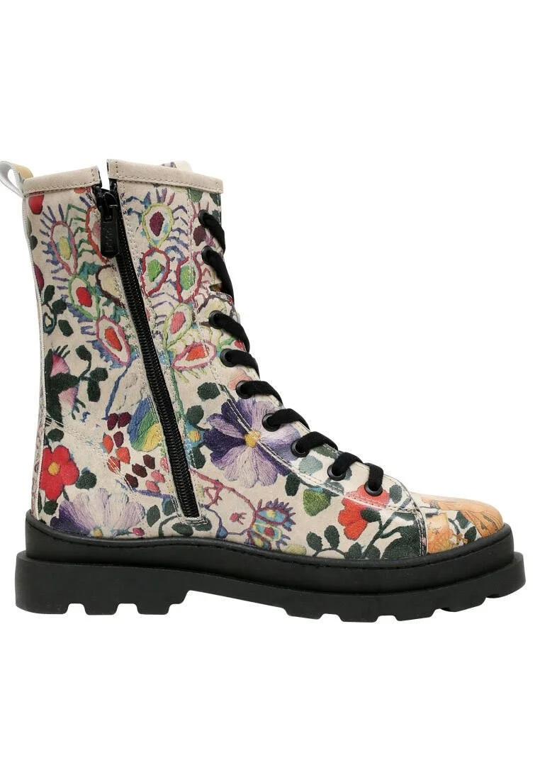 Women Vegan Leather Multicolor Zipper Long Boots - Spring Embroidery Design