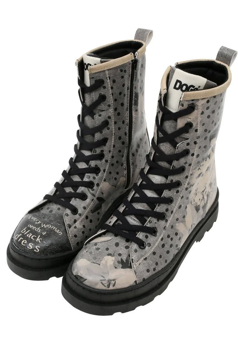 Women Vegan Leather Gray Zipper Long Boots - Black dress Design