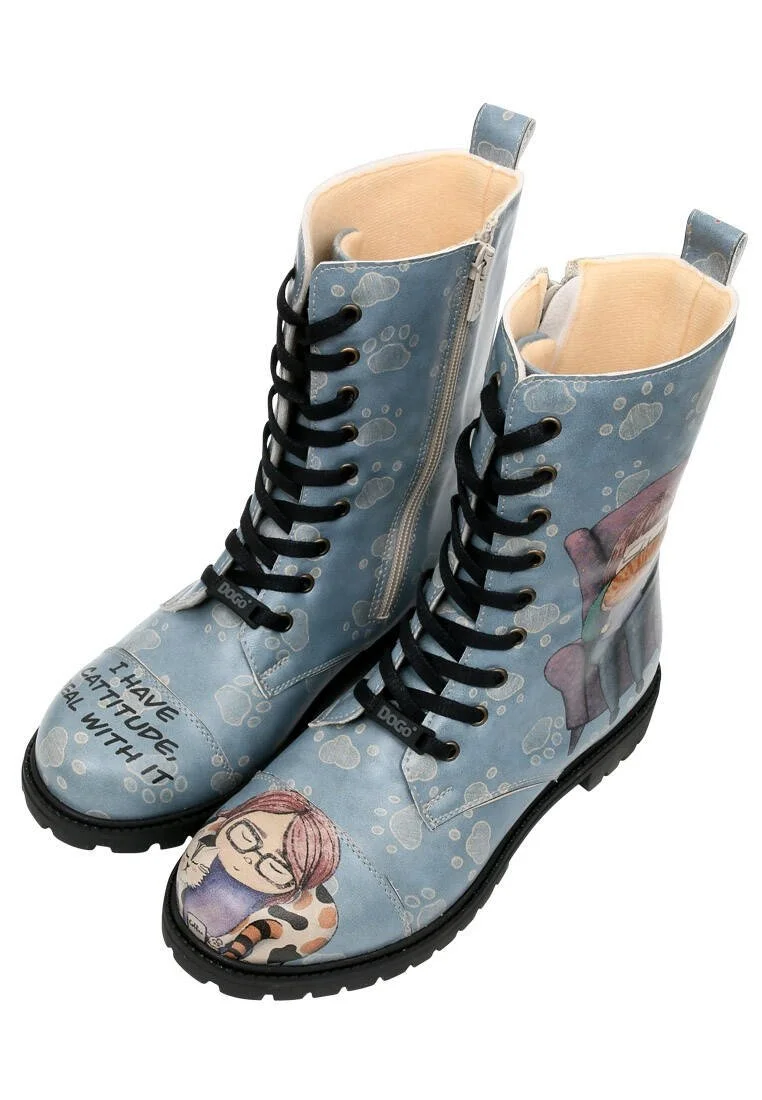 Women Vegan Leather Blue Zipper Long Boots - I Have Cattitude Design