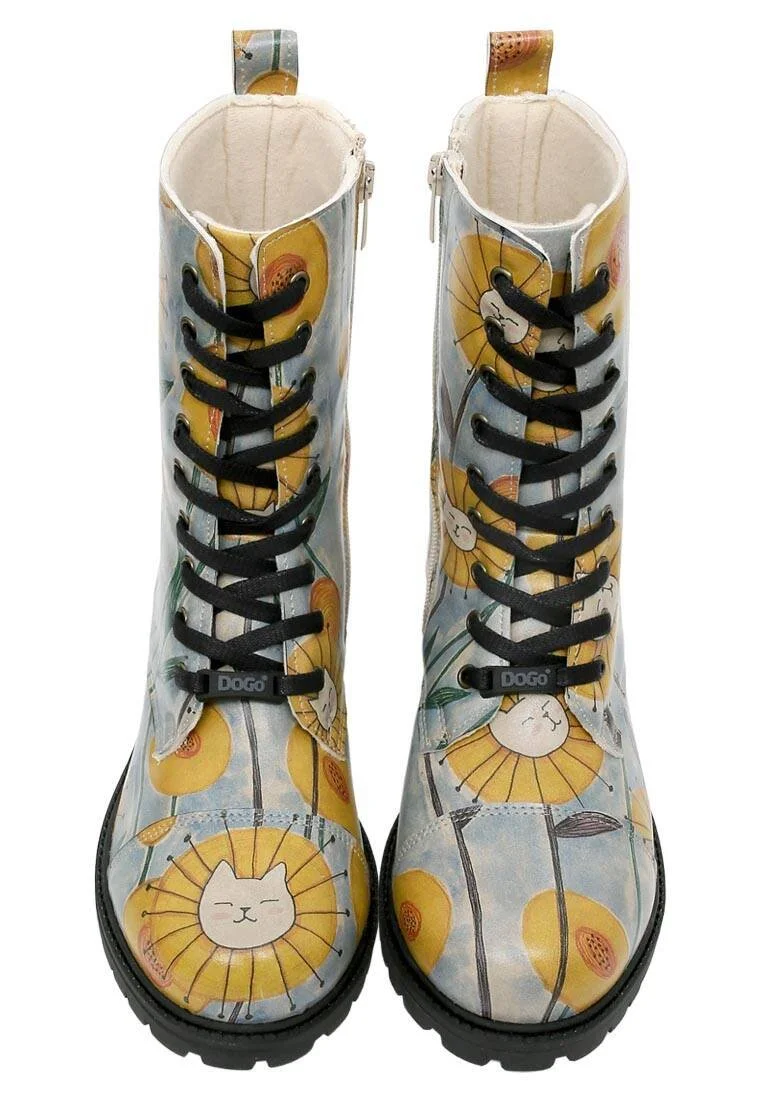 Women Vegan Leather Blue Zipper Long Boots - Cat Flower Design