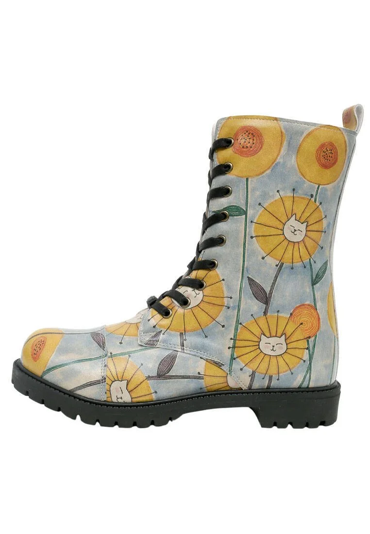 Women Vegan Leather Blue Zipper Long Boots - Cat Flower Design