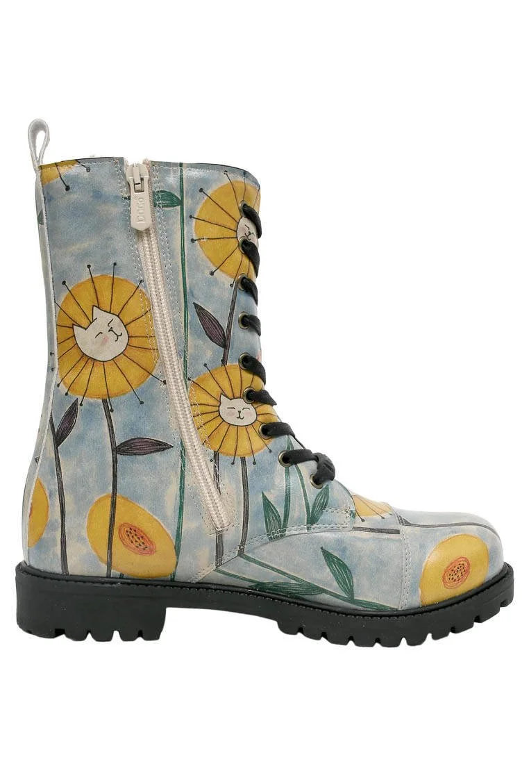 Women Vegan Leather Blue Zipper Long Boots - Cat Flower Design