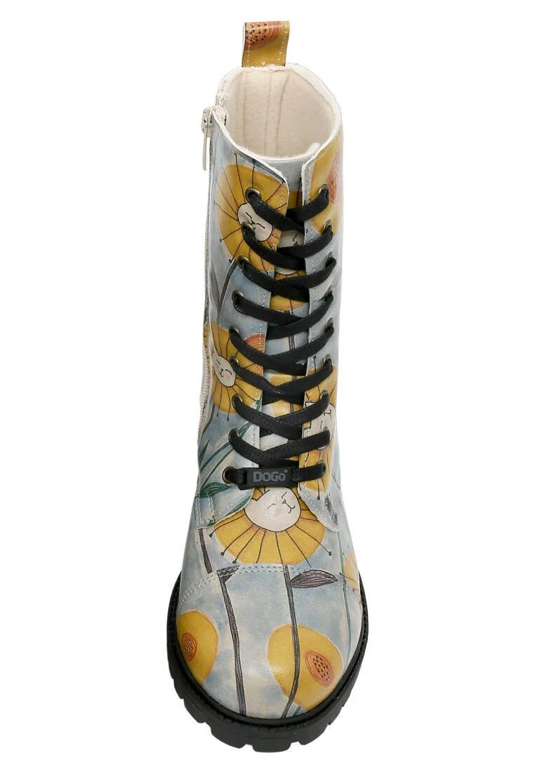 Women Vegan Leather Blue Zipper Long Boots - Cat Flower Design