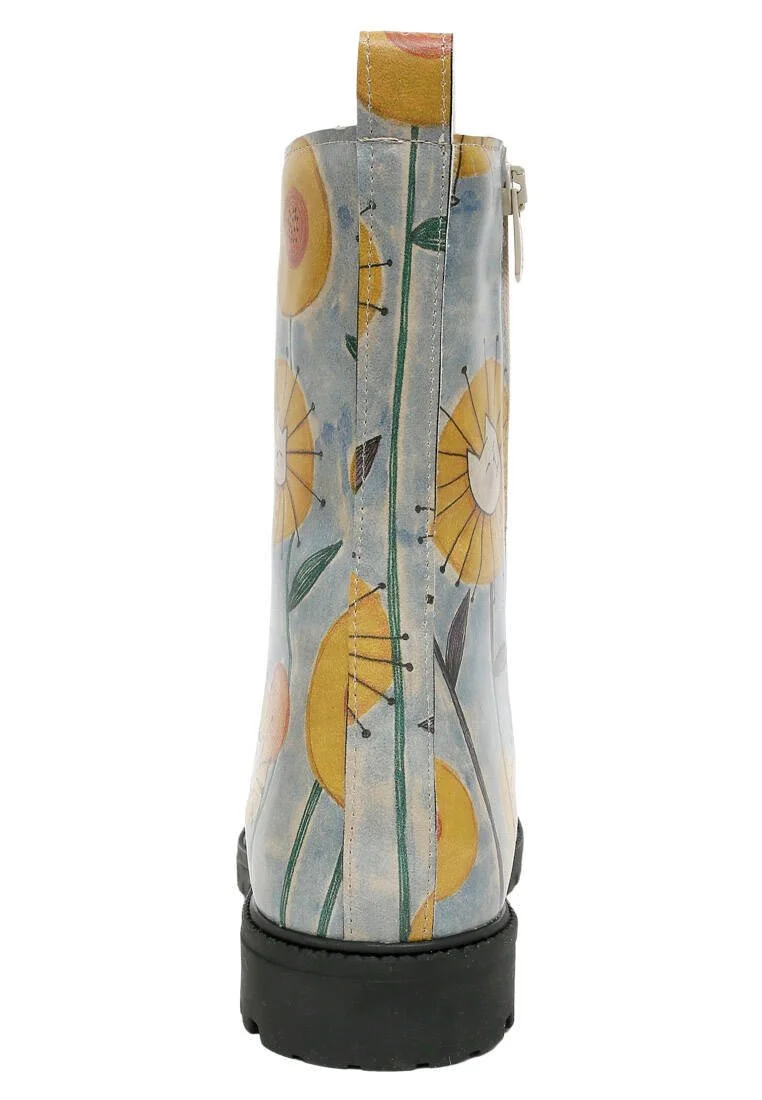 Women Vegan Leather Blue Zipper Long Boots - Cat Flower Design