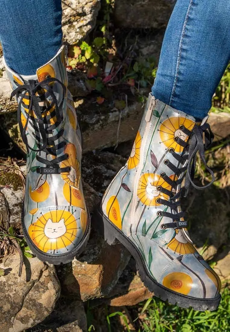 Women Vegan Leather Blue Zipper Long Boots - Cat Flower Design