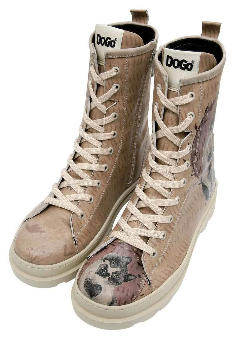 Women Vegan Leather Beige Zipper Long Boots - Heart Cat Design