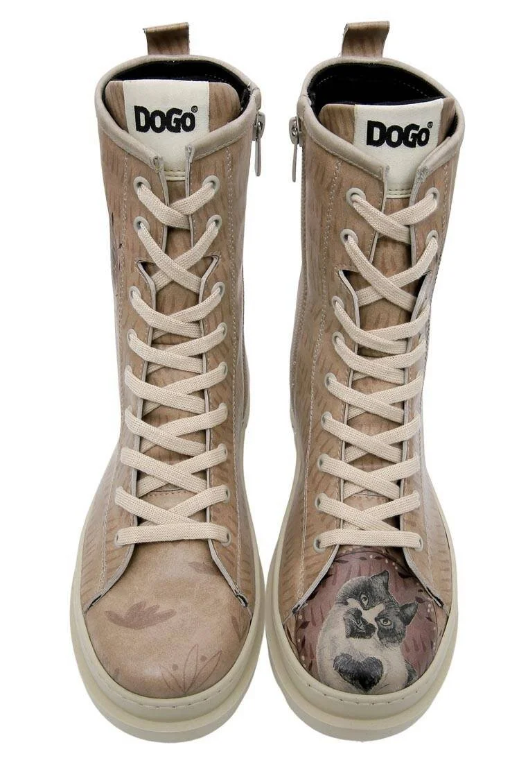 Women Vegan Leather Beige Zipper Long Boots - Heart Cat Design