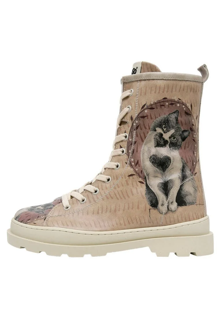 Women Vegan Leather Beige Zipper Long Boots - Heart Cat Design